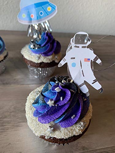 28 Stück JeVenis Weltraum Astronaut Cupcake Topper Rakete Kuchen Dekorationen Erde Cupcake Topper für Weltraum-Mottoparty Kinder Planeten Geburtstag Party Sterne Babyparty