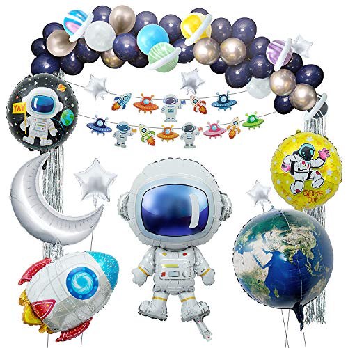 Joeyer Geburtstagsdeko für Kinder, 54 Stücke Astronauten Raketen Folienballon 4D Erdballon mit UFO Banner für das Kinder Space Ballon Astronauten Party Dekoration