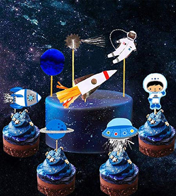 28 Stück JeVenis Weltraum Astronaut Cupcake Topper Rakete Kuchen Dekorationen Erde Cupcake Topper für Weltraum-Mottoparty Kinder Planeten Geburtstag Party Sterne Babyparty